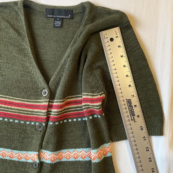 Isabella Rodriguez Women Sweater L Olive Short Sleeve Cardigan Striped Button - Picture 4 of 7